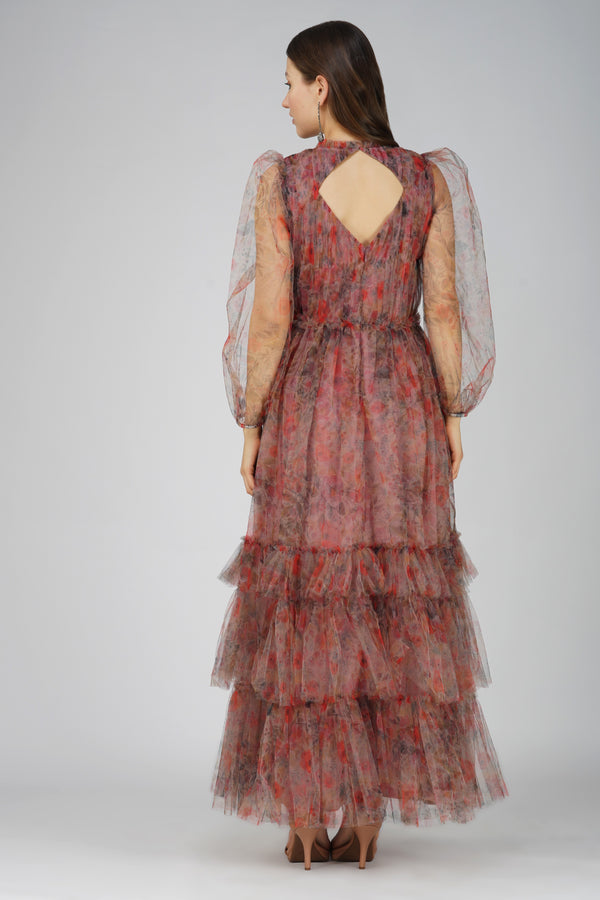 Lace & Beads Carina Long Sleeve Floral Maxi Dress In Dusty Rose