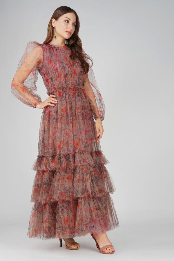 lace & beads Carina Long Sleeve Floral Maxi Dress in Dusty Rose