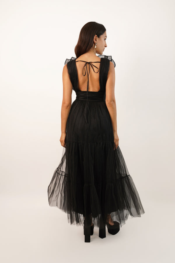 Lace & Beads Chana Plunge Corsage Maxi Dress In Black