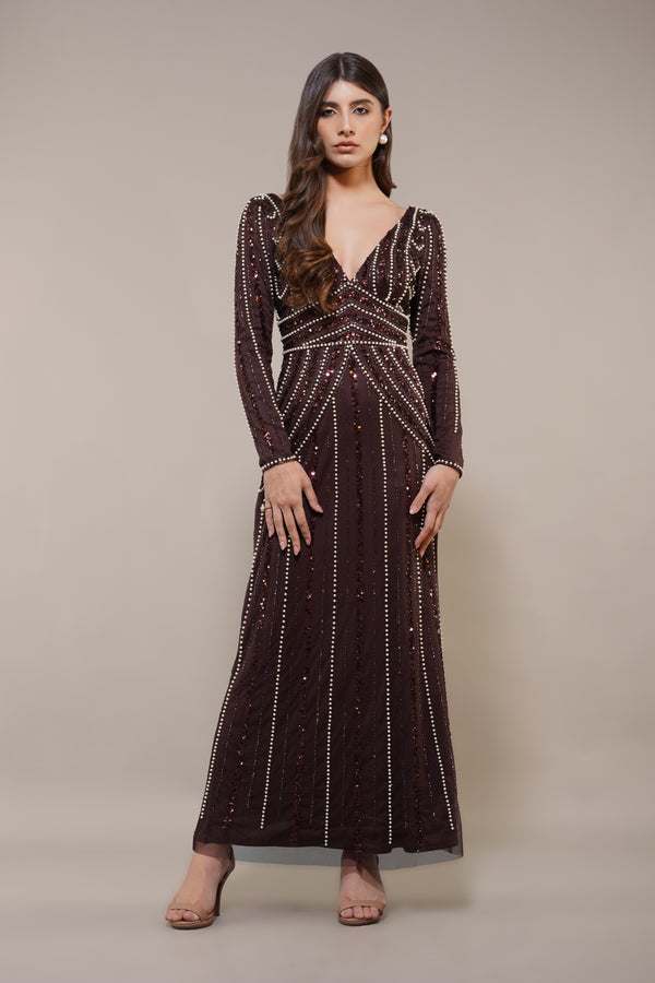 Lace & Beads Cordelia Embellished Maxi Dress In Coffee Brown