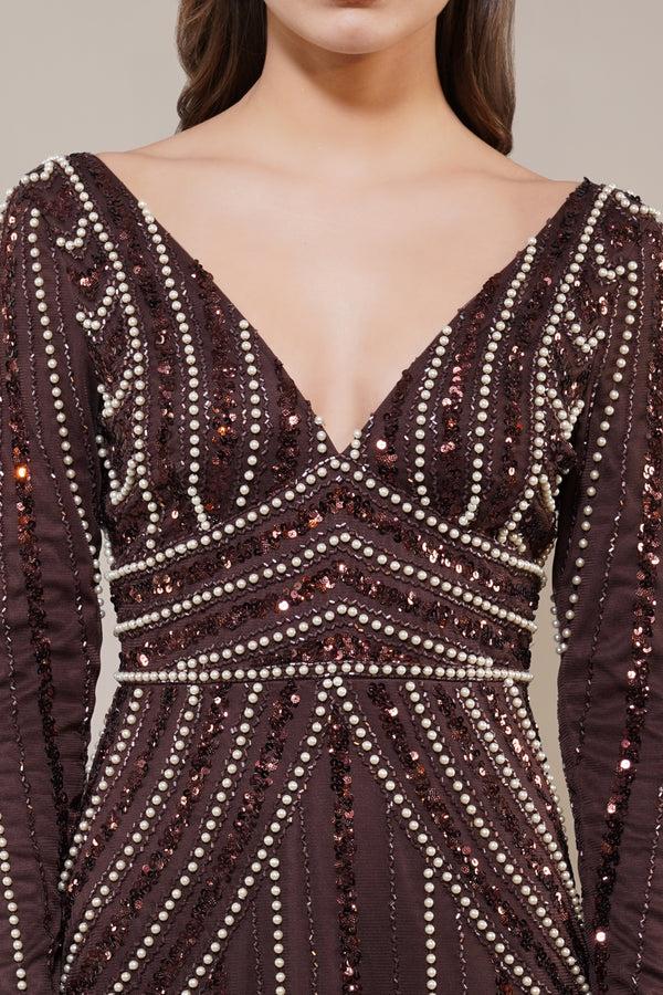 Lace & Beads Cordelia Embellished Maxi Dress In Coffee Brown