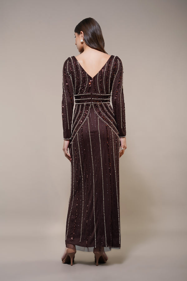 Lace & Beads Cordelia Embellished Maxi Dress In Coffee Brown