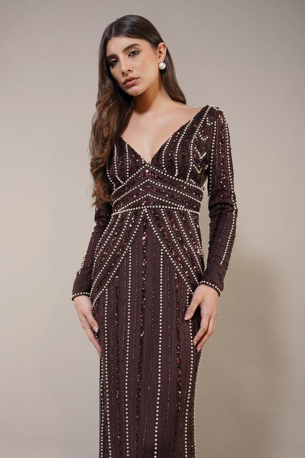 lace & beads Cordelia Embellished Maxi Dress in Coffee Brown