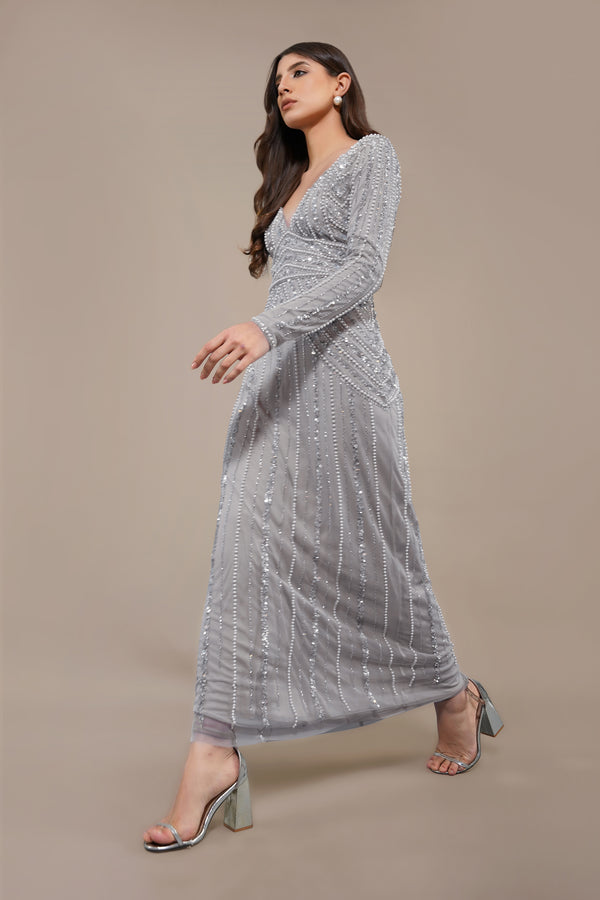 Lace & Beads Cordelia Embellished Maxi Dress In Light Grey