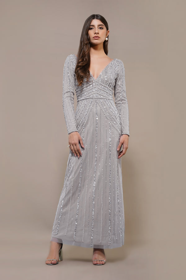 Lace & Beads Cordelia Embellished Maxi Dress In Light Grey