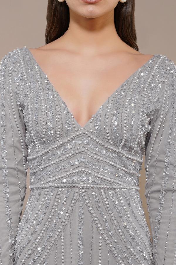 Lace & Beads Cordelia Embellished Maxi Dress In Light Grey