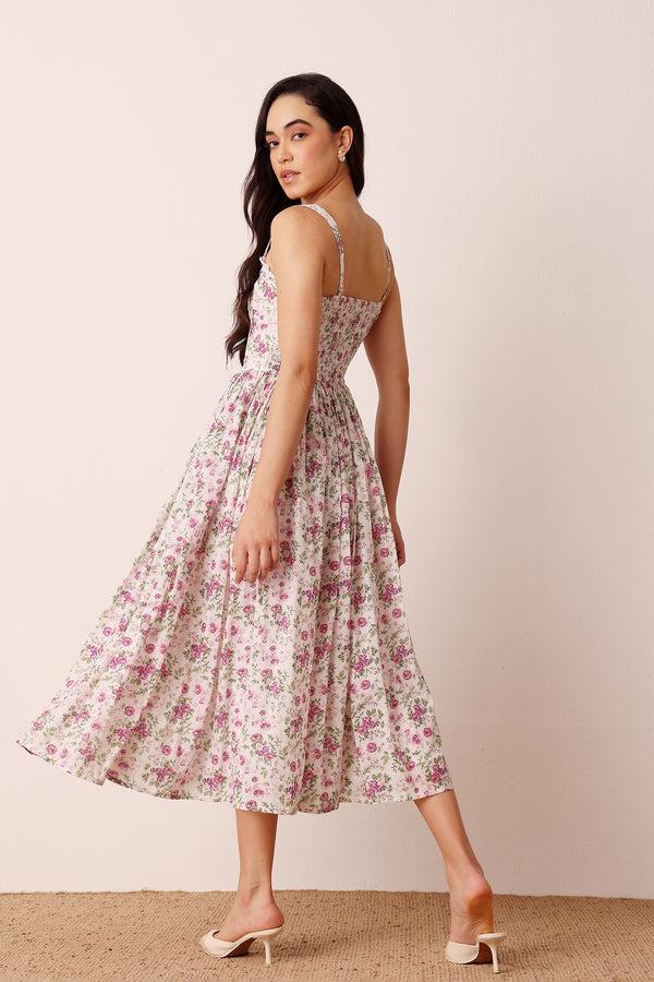 Lace & Beads Dane Cotton Pink Purple Floral Corset Midi Dress