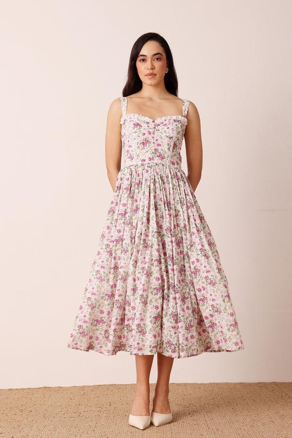 Lace & Beads Dane Cotton Pink Purple Floral Corset Midi Dress