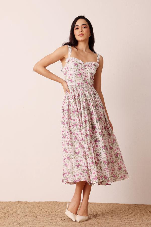 lace & beads Dane Cotton Pink Purple Floral Corset Midi Dress