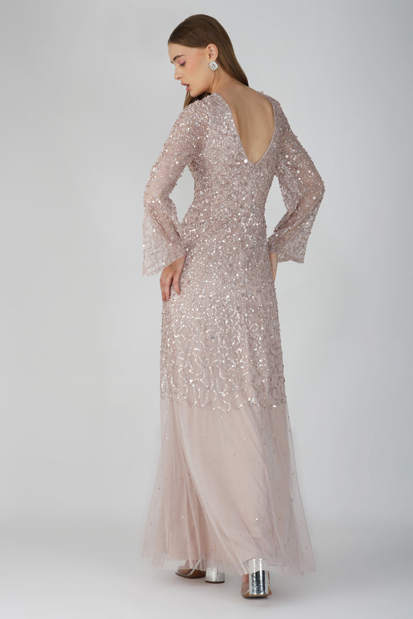 Lace & Beads Diane Long Sleeve Embellished Maxi Dress In Mink