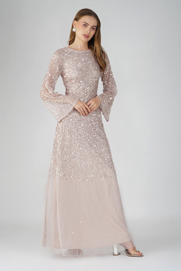 Lace & Beads Diane Long Sleeve Embellished Maxi Dress In Mink