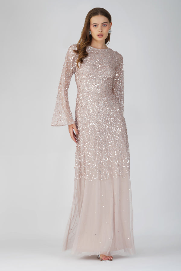 Lace & Beads Diane Long Sleeve Embellished Maxi Dress In Mink