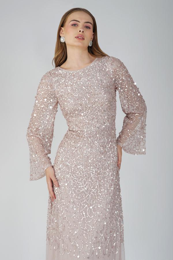 lace & beads Diane Long Sleeve Embellished Maxi Dress in Mink