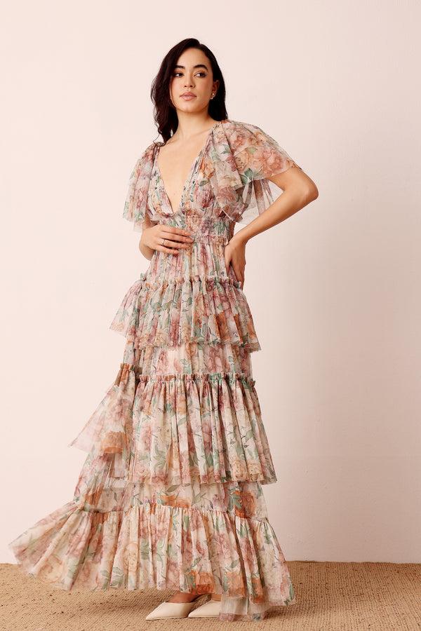 Lace & Beads Jasmine Soft Tulle Maxi Dress In Brown Floral