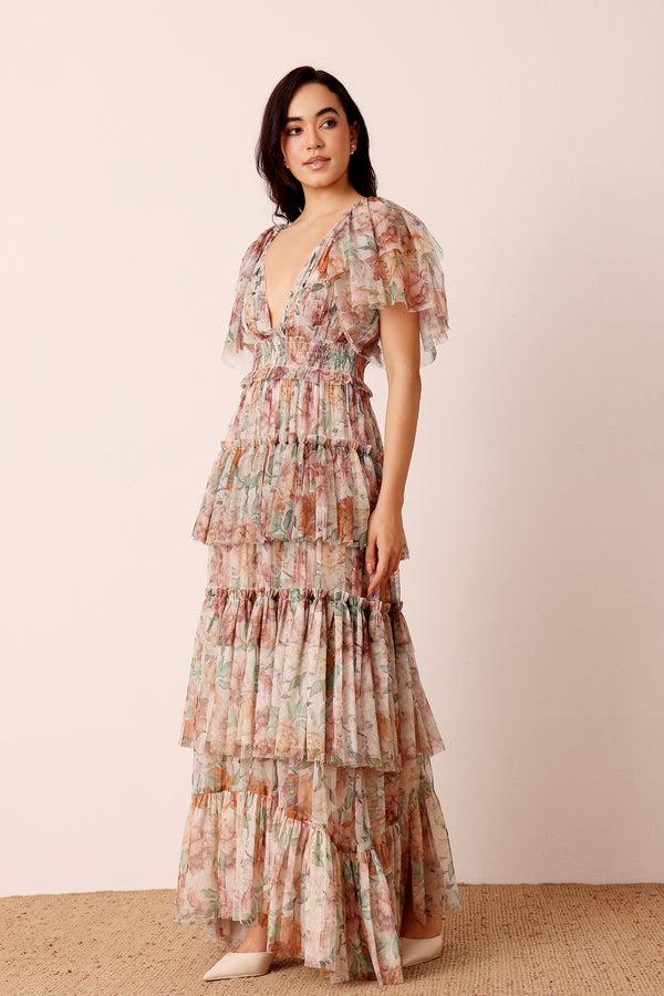 lace & beads Jasmine Soft Tulle Maxi Dress in Brown Floral