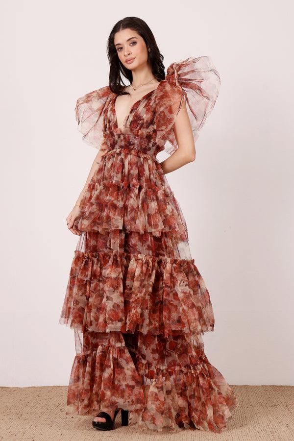 Lace & Beads Jasmine Stiff Tulle Maxi Dress In Rose Floral Print