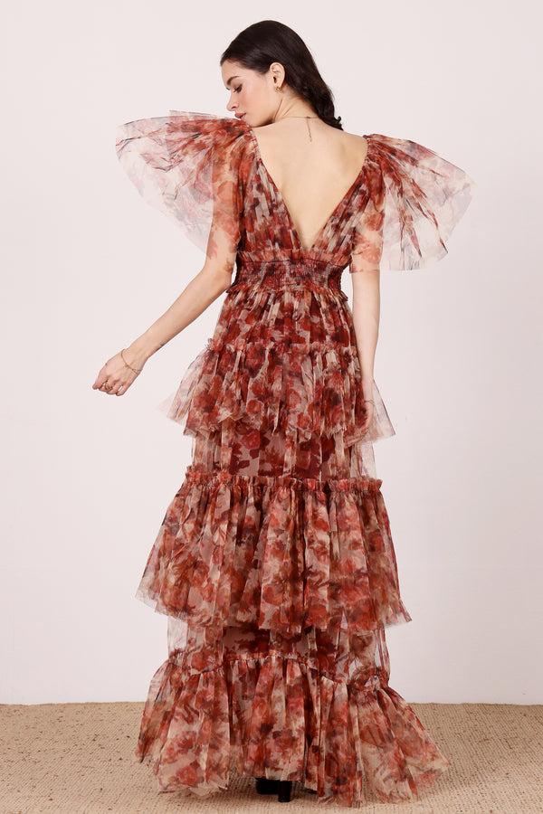 Lace & Beads Jasmine Stiff Tulle Maxi Dress In Rose Floral Print