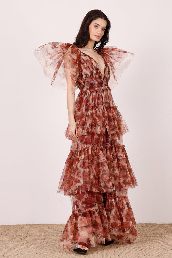 lace & beads Jasmine Stiff Tulle Maxi Dress in Rose Floral Print