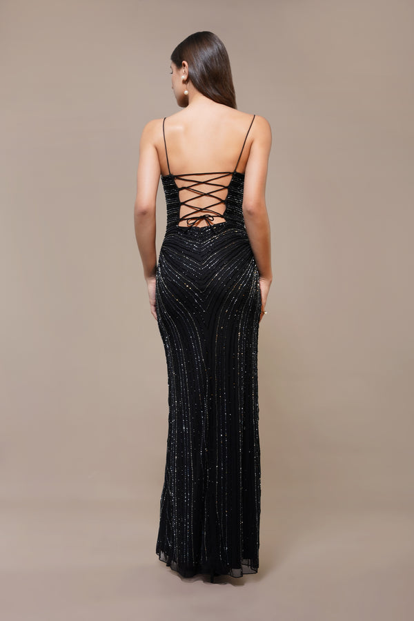 lace & beads Kimberly Embellished Maxi Dress in Black