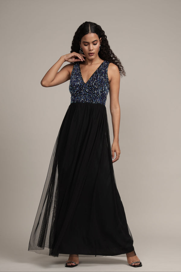 Lace & Beads Ada Black Embellished Maxi Dress
