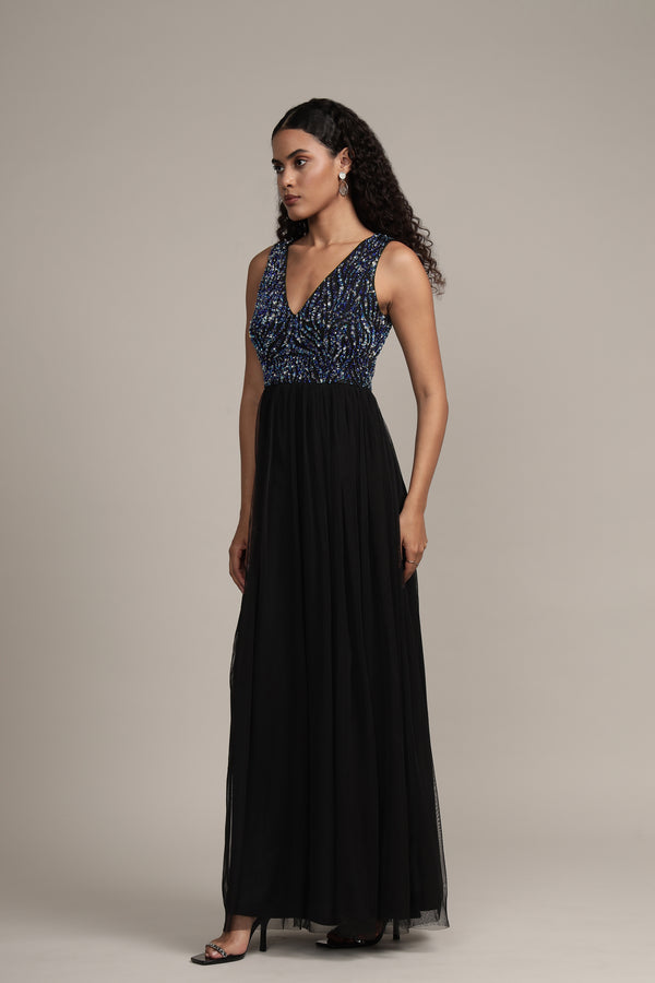 Lace & Beads Ada Black Embellished Maxi Dress