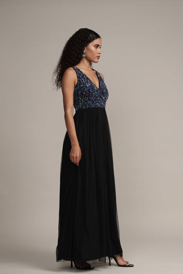 Lace & Beads Ada Black Embellished Maxi Dress