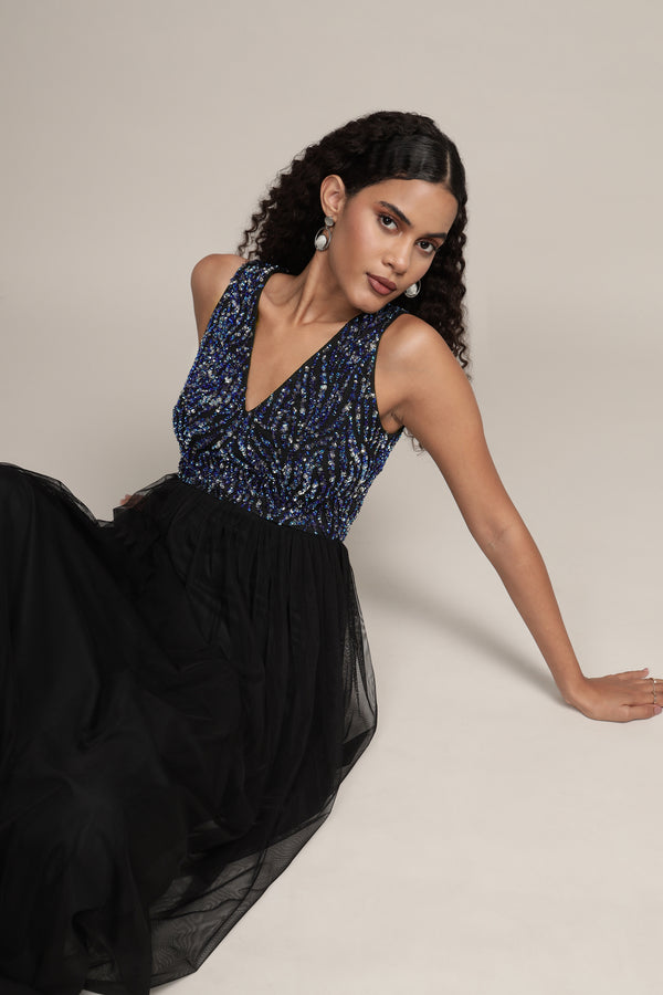 lace & beads Ada Black Embellished Maxi Dress