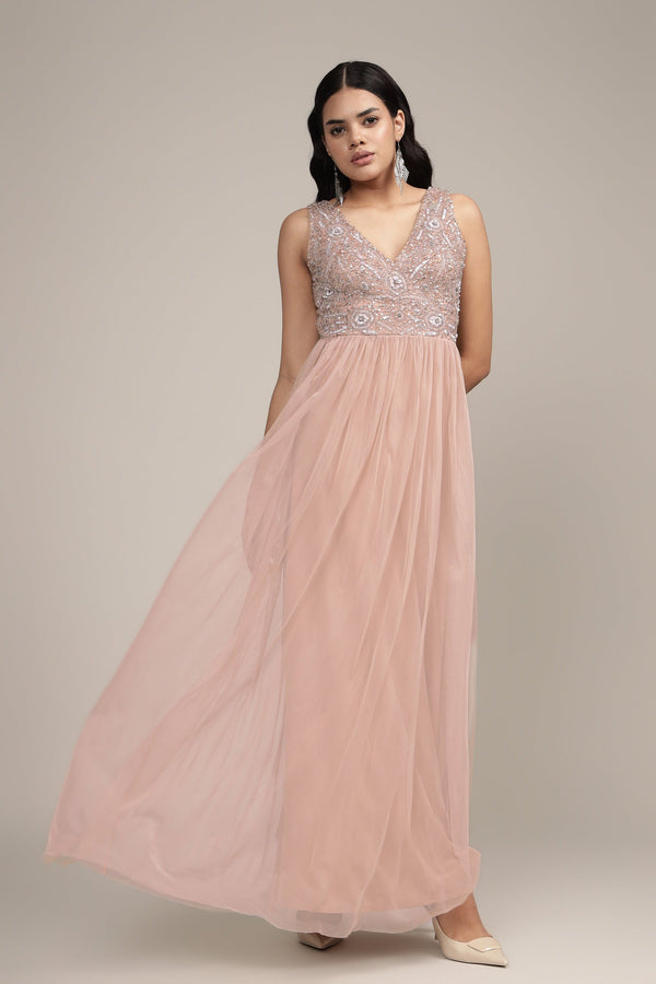 Lace & Beads Addie Embellished Maxi Dress In Taupe