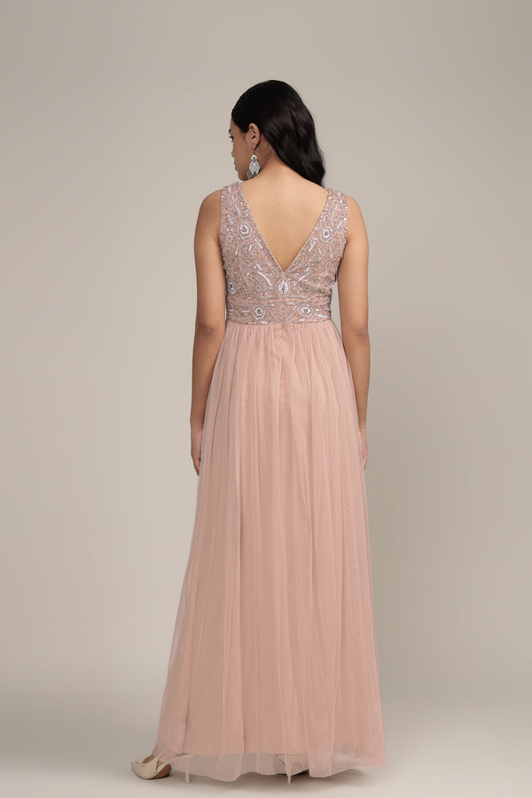 Lace & Beads Addie Embellished Maxi Dress In Taupe