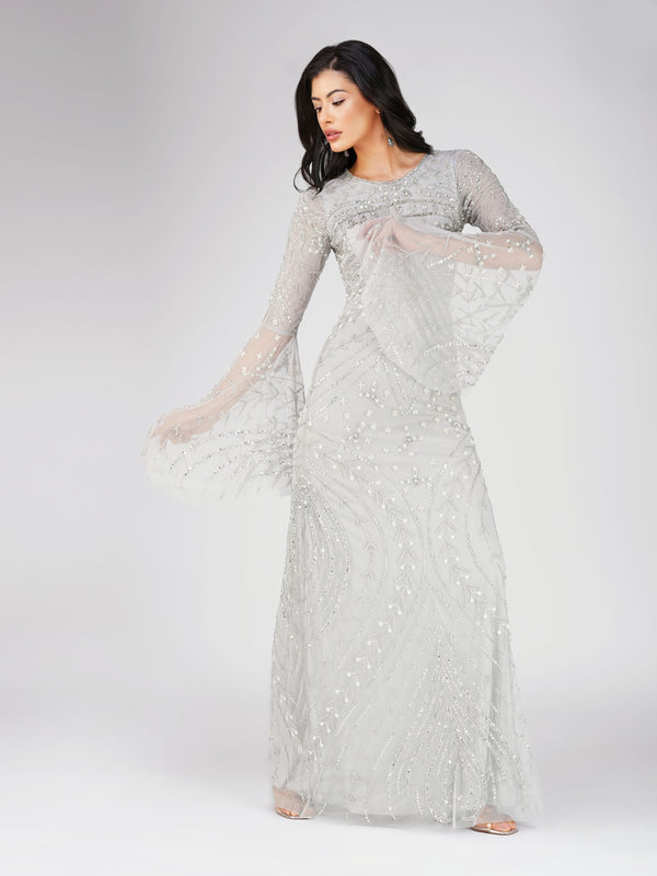 Lace & Beads Aleena Embellished Maxi Dress In Silver