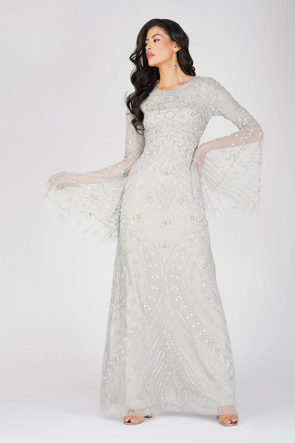 lace & beads Aleena Embellished Maxi Dress in Silver