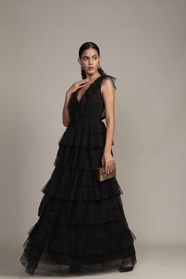 Lace & Beads Alexandra Black Tulle Maxi Dress