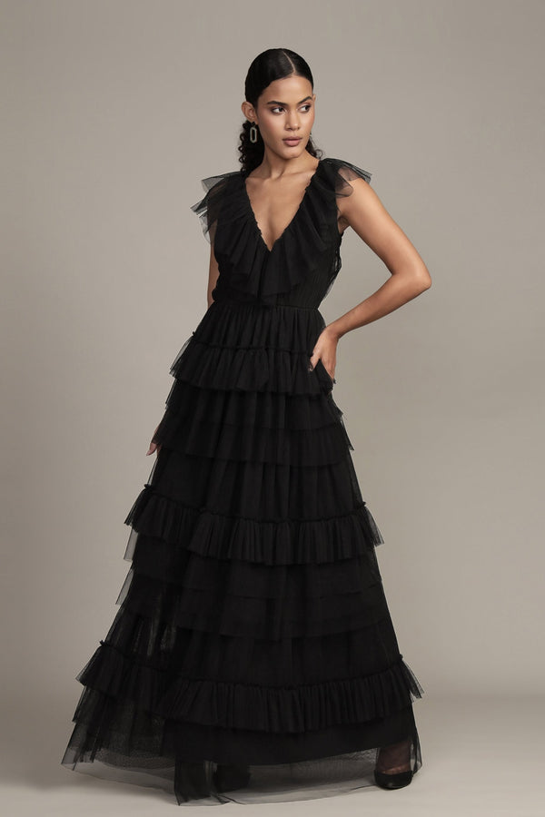 lace & beads Alexandra Black Tulle Maxi Dress