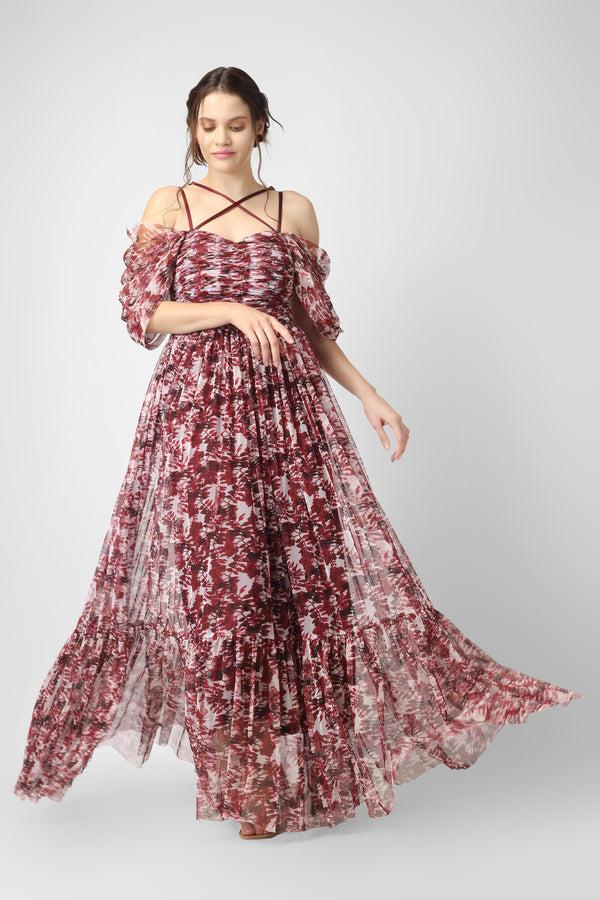lace & beads Alicia Maxi in Burgundy Print