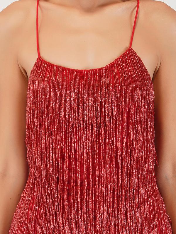 lace & beads Anita Red Tassel Mini Dress