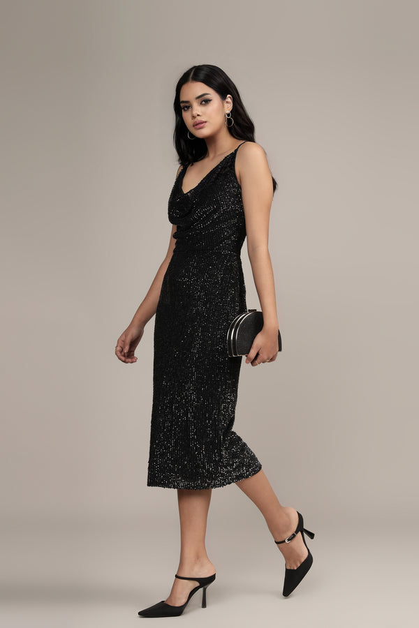 Lace & Beads Asher Embellished Midi Dress In Black