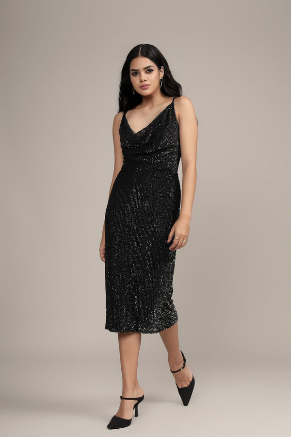 lace & beads Asher Embellished Midi Dress in Black
