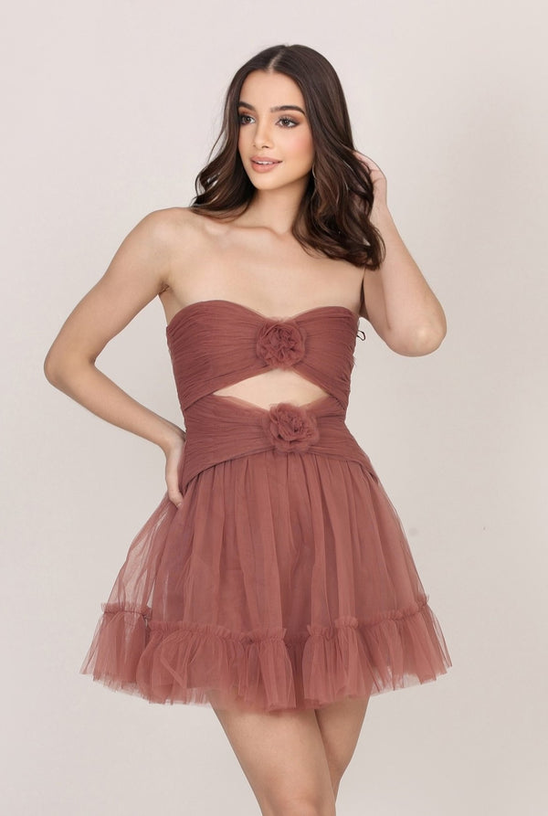 lace & beads Aurora Corsage Mini Dress in Rose Brown