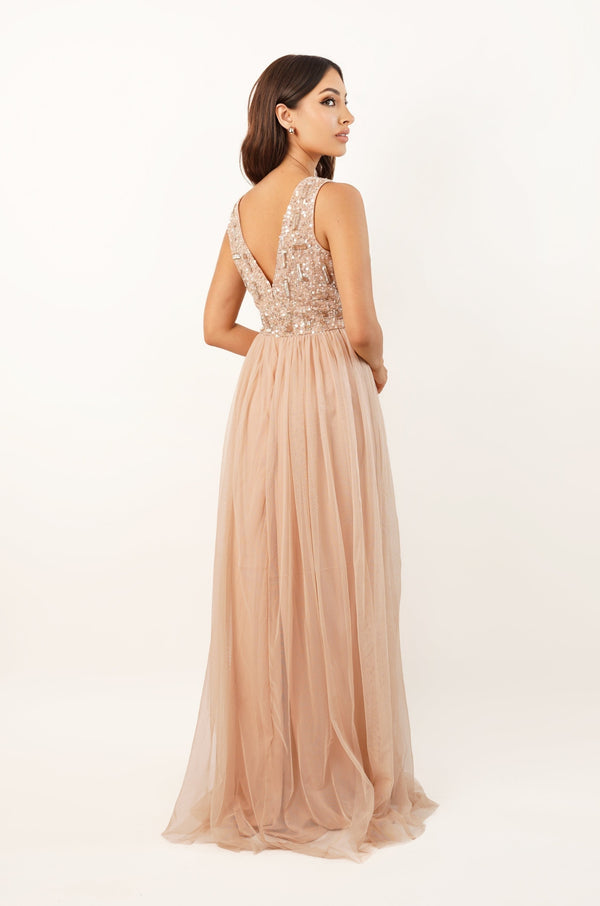 Lace & Beads Aurora Nude Embellished Maxi Dress