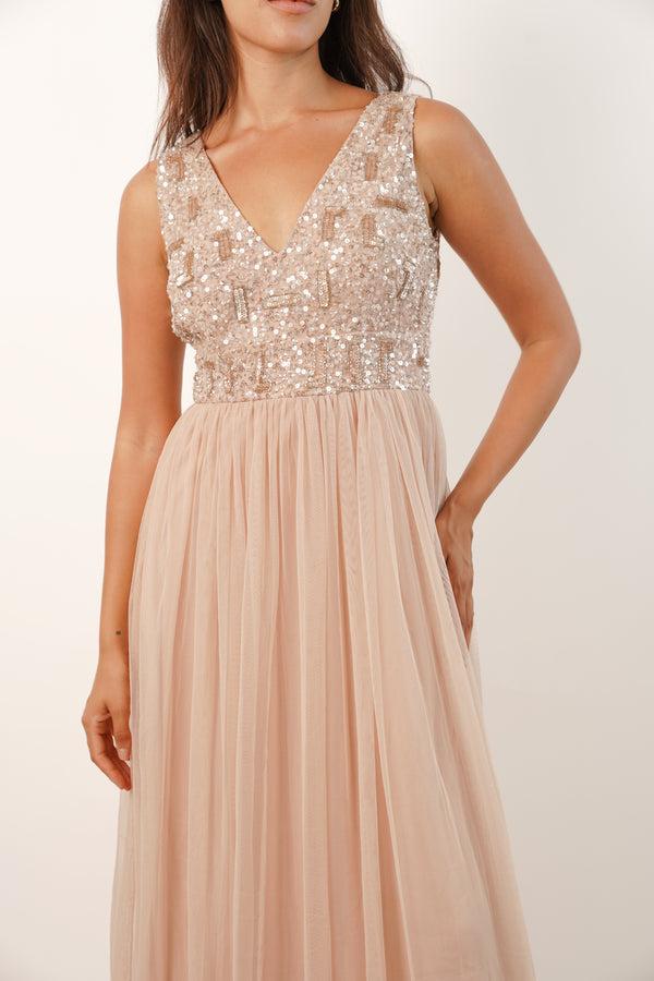 Lace & Beads Aurora Nude Embellished Maxi Dress