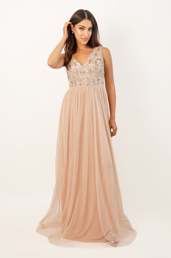 lace & beads Aurora Nude Embellished Maxi Dress