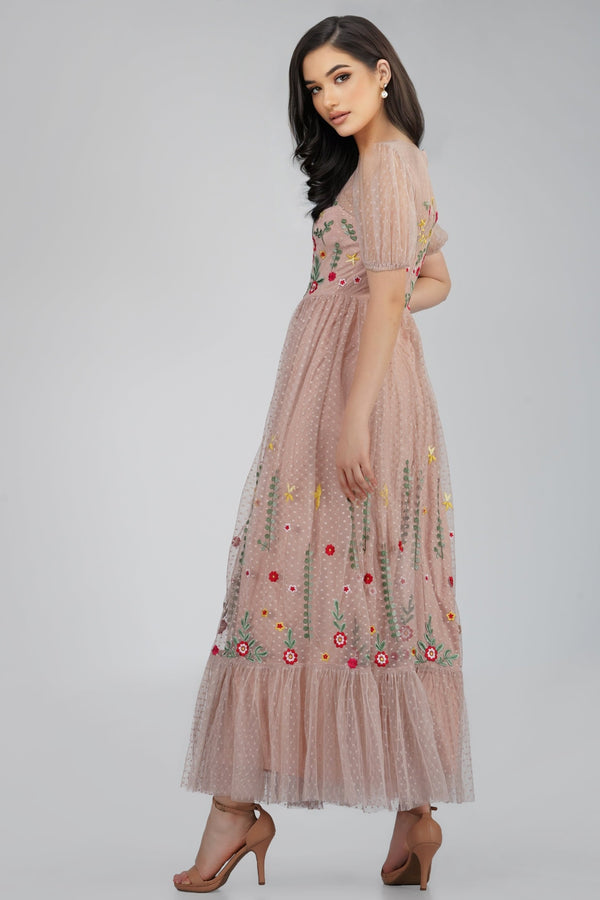 Lace & Beads Azalea Dusty Pink Embroidered Dress