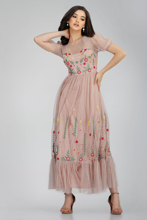 Lace & Beads Azalea Dusty Pink Embroidered Dress