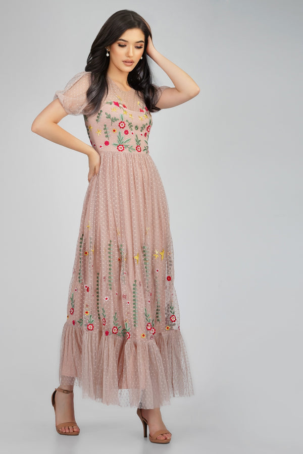 lace & beads Azalea Dusty Pink Embroidered Dress