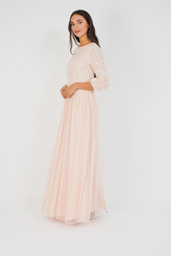 Lace & Beads Belle Picasso Long Sleeve Maxi In Nude