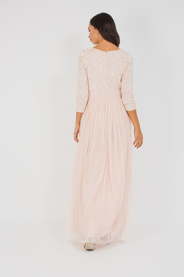 Lace & Beads Belle Picasso Long Sleeve Maxi In Nude
