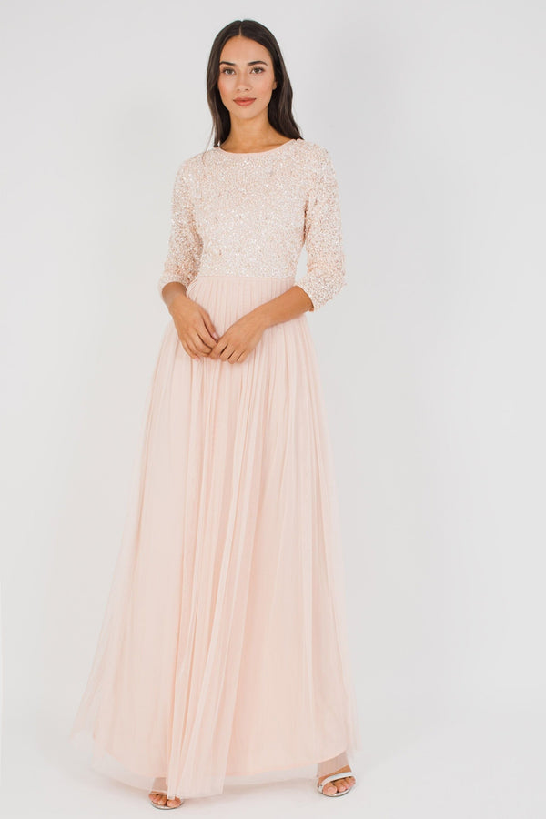 lace & beads Belle Picasso Long Sleeve Maxi in Nude