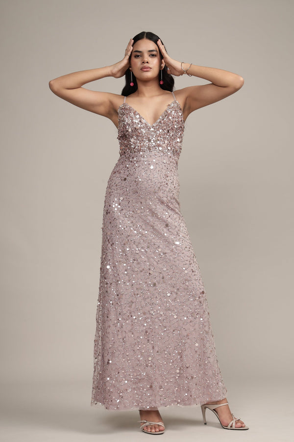 Lace & Beads Betty Beaded Champagne Maxi Dress