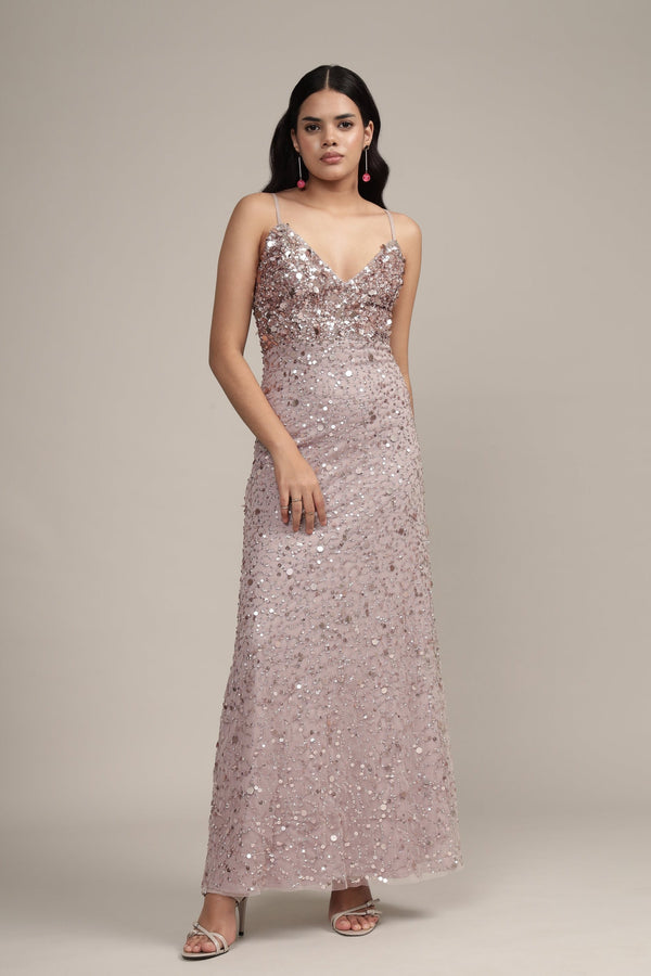 lace & beads Betty Beaded Champagne Maxi Dress