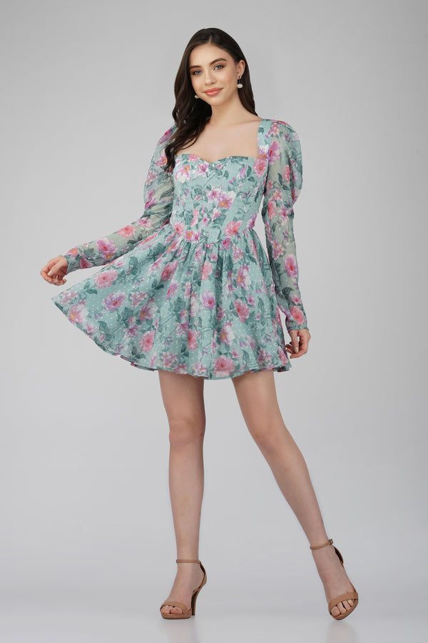 Lace & Beads Bone Green Floral Corset Dress